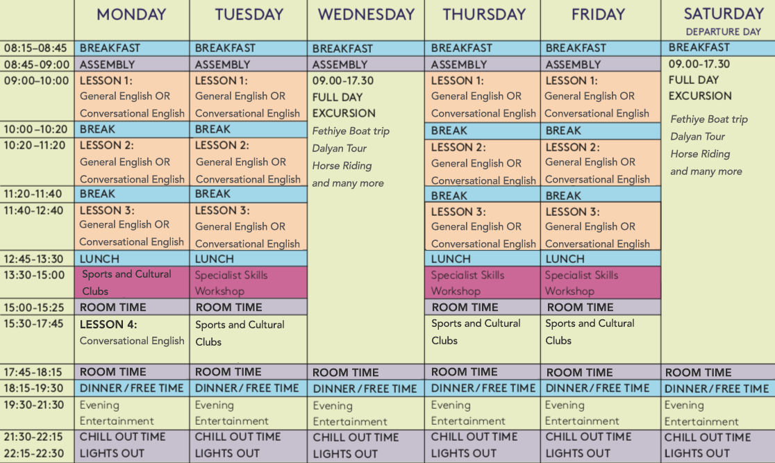 English Camps for Kids in Turkeytimetable